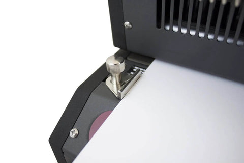 Close-up of All-In-One Electric Coil Binding Machine with Punch, Inserter and Crimper, showing metal construction and 13-inch punching length.