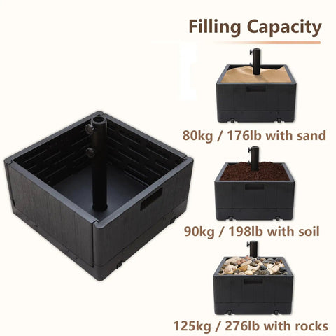 All In One Outdoor Umbrella Base With Rolling Wheels And Planter Box 176 Lb Heavy Duty Sand Fillable Workhorse in filling stages