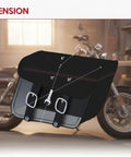 Side view of Universal Black Synthetic Leather Throw Over Motorcycle Saddlebags With Quick Release Buckles Waterproof Durable Panniers, dimensions labeled.