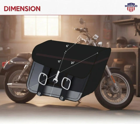 Side view of Universal Black Synthetic Leather Throw Over Motorcycle Saddlebags With Quick Release Buckles Waterproof Durable Panniers, dimensions labeled.
