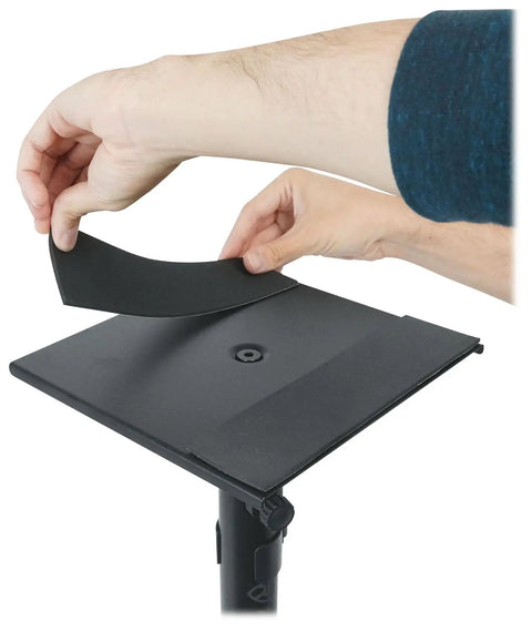 Anti vibration foam on heavy duty studio monitor speaker stands with 60 lb capacity beveled base sturdy steel construction shown