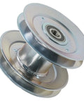 Heavy Duty Replacement Deck Drive Pulley For John Deere 120 140 300 312 314 316 317 318 Fits 42 48 54 60 Inch Mowers Super Tough Mod C8L-37966, silver metal, double groove design.