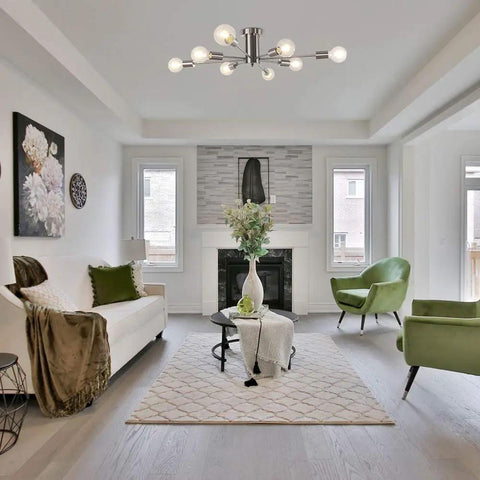 Living room with Brushed Nickel Sputnik Semi Flush Mount Ceiling Light Fixture With Eight Arms Gives Off A Sweet Layered Glow