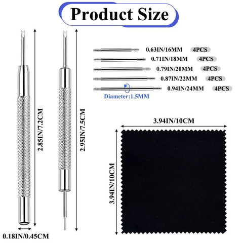 Heavy Duty Watch Band Pins Kit With 20 Spring Bars And Cleaning Cloth Pro Grade Replacement Pins And Link Removal Tool Includes Single And Double Ended Pin Punches For 16mm To 24mm Straps, with product sizes shown.