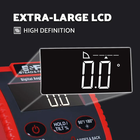 Rock Solid Heavy Duty Magnetic Digital Angle Finder Featuring A Slick Extra Large Auto Invert Lcd Display For Dang Precise Leveling and Easy Shop Job Tracking with clear extra-large LCD display showing 0.0 degrees.