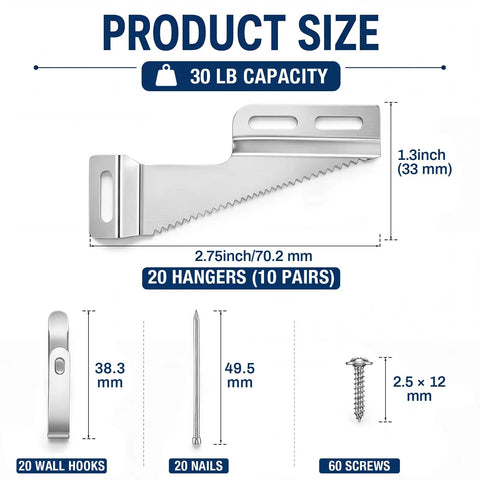 Ten Set Picture Hanging Kit For Wood Frames With Heavy Duty Self Leveling Sawtooth Hangers, Includes Wall Hooks, Nails And Screws For Quick Easy Wall Mounting, Slotted Holes For Balanced, Secure Frame Install. 30 lb, 20 hangers