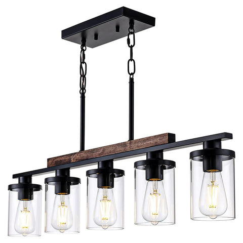 Modern Farmhouse 5 Light Linear Chandelier for Kitchen Island and Dining Room with Adjustable Rustic Pendant Light Black Metal Frame Real Wood Accent Clear Glass Shades Industrial Style Vibe, showing all five clear glass shades.