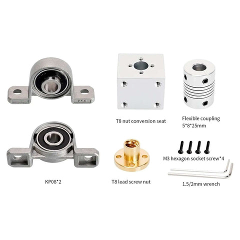 Get Your Project Rolling With This Awesome T8 Lead Screw 8mm Kit Featuring A Vertical Screw Coupling For Smooth Movement Plus A Rock Solid Horizontal Bracket And Bearing Support Assembly Perfect For Building CNC Machines Or DIY Lifting Gear That. T8 lead screw kit with KP08 bearings, nut seat, coupling, brass nut, screws and hex keys