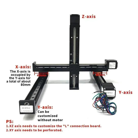 Get Your Hands On This Epic XYZ Axis Motorized Slide Table With T-Type Linear Guide Rail Stage Electric Drive Kit For Precision Sliding Motion. Image shows X, Y, Z axes with measurements.