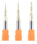 SpeTool 3-piece carbide ball nose router bits, front view, with orange caps, 1/16, 1/32, 1/64 radii for wood CNC engraving