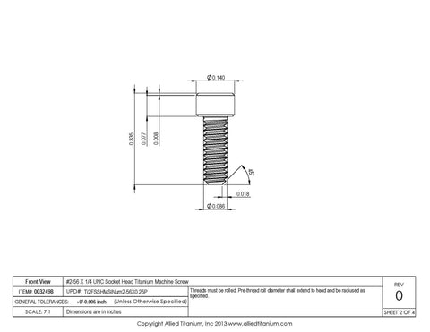 Pack Of Twenty Five Grade 2 Pure Titanium Socket Head Machine Screws Size 2 56 By Quarter Inch UNC Threads technical drawing