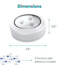 Battery Powered Under Cabinet Lights With Tap Technology dimensions and adhesives shown for kitchen, shelves, and closets.