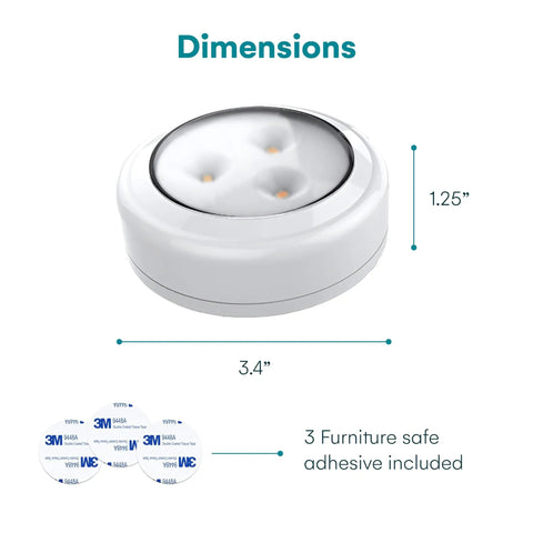 Battery Powered Under Cabinet Lights With Tap Technology dimensions and adhesives shown for kitchen, shelves, and closets.