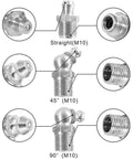 Three M10 steel zerk fittings in straight, 45-degree, and 90-degree angles. Grease Fittings Assortment Kit, 230Pcs Steel Zerk Nipples In Straight, 90-Degree, And 45-Degree Angles, M6 M8 M10, Corrosion-Resistant Quick-Connect Lubrication Kit For Machinery highlighted.