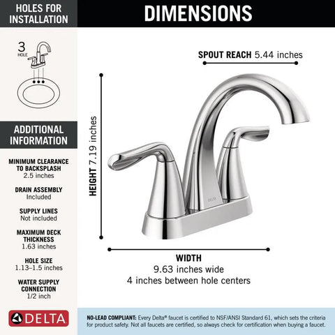 Arvo Centerset Chrome Bathroom Faucet Two-Handle For Three-Hole Sink Premium Chrome Finish dimensions and installation info