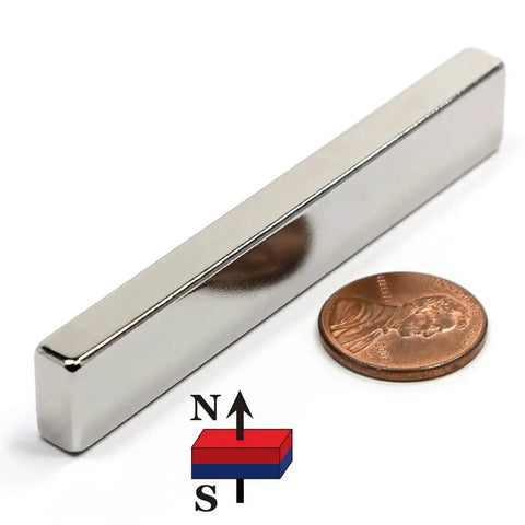 Neodymium Bar Magnet N45 3 By One Half By One Quarter Inch With 3M Foam Adhesive shown next to a penny for scale.