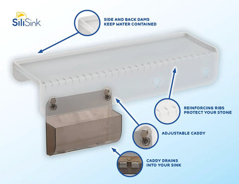 Silicone Sink Edge Guard For 3.75 To 4 Inch Lip With A 14 Inch Straight Edge Frosted Matte Splash Shield Plus Built In Sponge Caddy No Adhesive No Tools No Shifting No Fuss Ideal For Natural Stone Quartz Granite Sinks