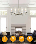 5-Light Modern Chandelier With Clear Glass Shades And Brushed Nickel Finish For Dining Room Living Room Bedroom Home Decor Contemporary Ceiling Lighting Fixture in a living room.