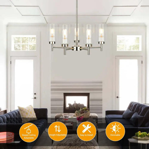 5-Light Modern Chandelier With Clear Glass Shades And Brushed Nickel Finish For Dining Room Living Room Bedroom Home Decor Contemporary Ceiling Lighting Fixture in a living room.