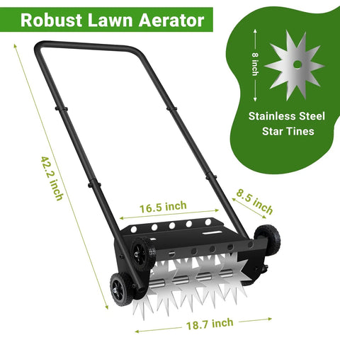 18 Inch Push Lawn Aerator With Four Wheels And 45 Inch Handle Heavy Duty Spike Drum Aerator For Lawn Care Easy Rolling Tool