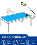 Illustration of ESD Safe Anti Static Mat 17 By 25 Inch Blue Heat Resistant Soldering Table Pad on workbench with grounding cord