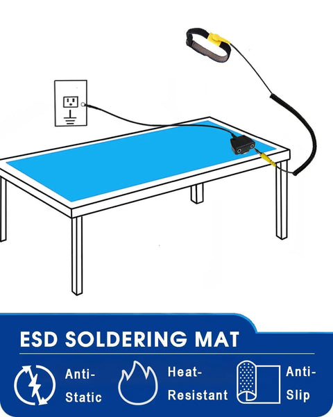 Illustration of ESD Safe Anti Static Mat 17 By 25 Inch Blue Heat Resistant Soldering Table Pad on workbench with grounding cord