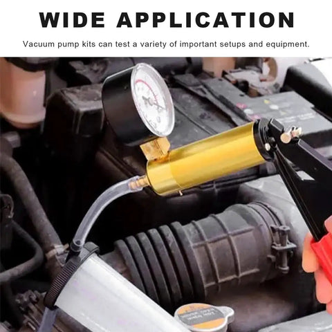Close-up of a Shop Grade Handheld Vacuum Brake Bleeder Kit With Precision Pressure Gauge and Seven Universal Adapters in use.