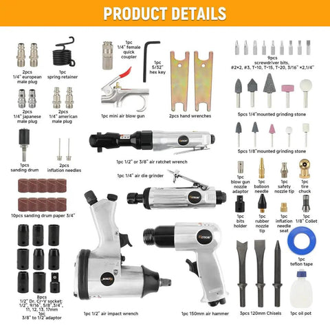 Killer 71 Piece Air Tool Set Featuring Badass 1/2 Inch Single Hammer Impact Wrench detailed parts layout with various air tools and accessories.