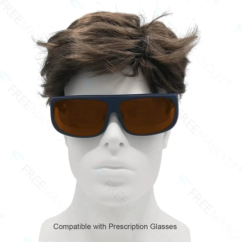 Heavy Duty Laser Safety Glasses Bring Top Shelf OD Four Plus Protection Shields Your Eyes From Blue Green Violet And Red Laser Beams on model with dark frame.