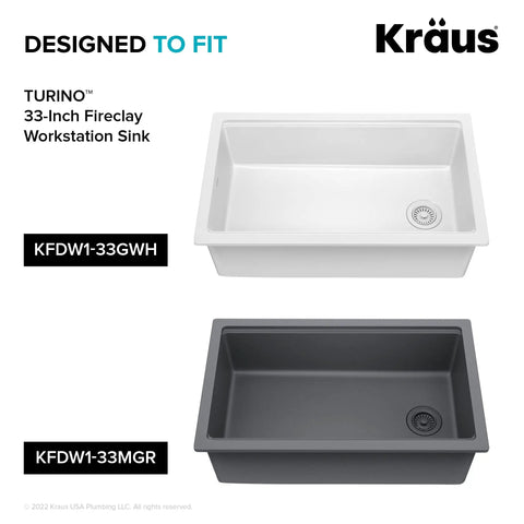 Top view of white and gray Turino 33-Inch Fireclay Workstation Sinks, models KFDW1-33GWH and KFDW1-33MGR, by Kraus.