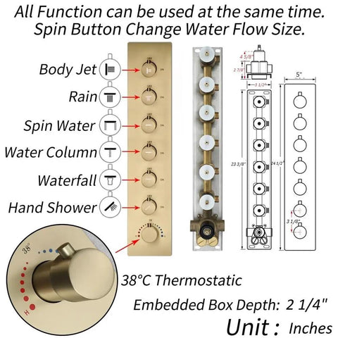Premium Recessed Led Bluetooth Shower Combo With Heavy Duty Slide Rail 6 Way High Pressure Rainfall Tub Faucet Kit In Brushed Nickel control panel with 7 knobs.