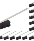 12 Piece Micro Limit Switch Kit With Long Straight Hinge Lever Arm 5A 125V 250V AC SPDT 1NO 1NC Snap Action Momentary 3 Pin Button Type Switch
