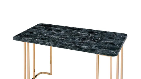 Adjustable Standing Computer Desk With Built Storage And Power Port, Sleek Faux Marble Work Table For Home Office gold metal frame viewed from side.
