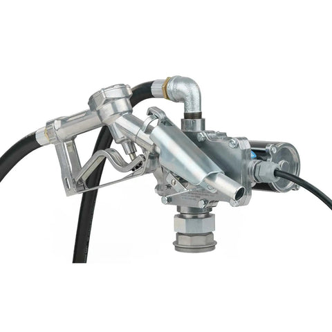Heavy Duty 8 GPM Electric Fuel Transfer Pump With Spin Collar And Manual Shut Off Nozzle For Gasoline And Diesel 12 Volt close-up of nozzle and mechanism