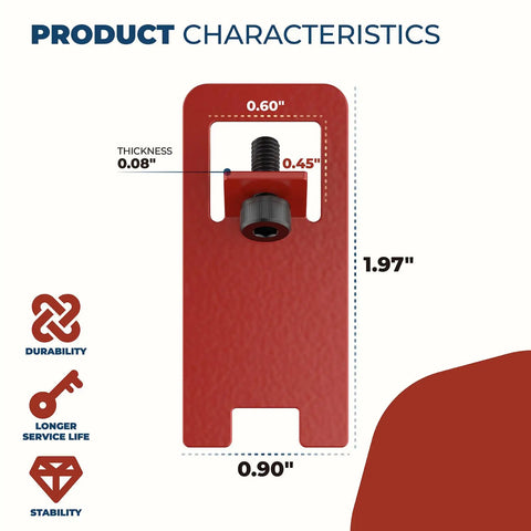 Red Fire Alarm Breaker Lockout Kit With Lock And Tag, dimensions showing thickness, width, and height for fire panel safety.