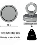 Beast 180lb Ultra Strong Fishing Magnet Kit For River And Outdoor Adventures Heavy Duty Neodymium Magnets Indoor Outdoor Magnetic Fishing Set Rust Resistant 1.89 Inch Diameter Powerful Pull showing dimensions and pulling force