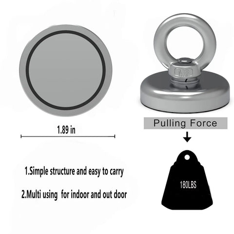 Beast 180lb Ultra Strong Fishing Magnet Kit For River And Outdoor Adventures Heavy Duty Neodymium Magnets Indoor Outdoor Magnetic Fishing Set Rust Resistant 1.89 Inch Diameter Powerful Pull showing dimensions and pulling force