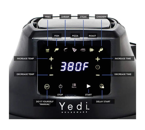 Control panel of a smart air fryer lid with 380F display and seven presets, enhancing your cookware game.