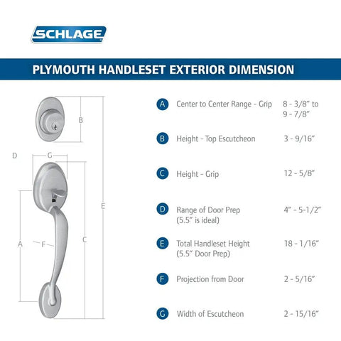 Plymouth Exterior Handle Set With Deadbolt In Antique Pewter Finish F58 PLY 620 Single Cylinder dimensions diagram