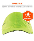 LED Brim Safety Bump Cap Baseball Style Long Brim Work Hat With Front Light, lime color, hand wash instructions visible