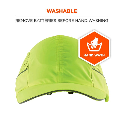 LED Brim Safety Bump Cap Baseball Style Long Brim Work Hat With Front Light, lime color, hand wash instructions visible