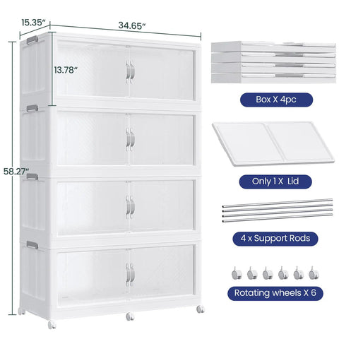 Big Ol 960 Quart Extra Large Stackable Storage Bins With Lid 4 Tier 240 Gallon Plastic Closet Organizer With Wheels And Clear Doors For Home Kitchen And Office White 4 Pack dimensions and components