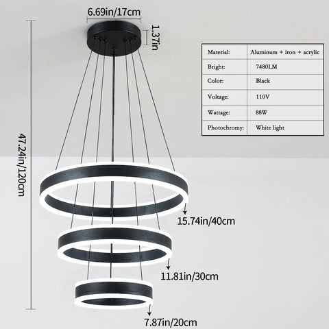 Modern Black LED Ring Chandelier With Three Adjustable Tiered Cylinders Hangs Flawlessly Over Kitchen Islands Or Bedrooms Quick Install Setup 47.24 inches height