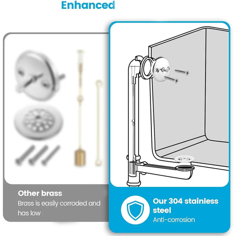 Easy Installation Bath Tub Drain Set for Bathtubs with stainless steel components and installation diagram.