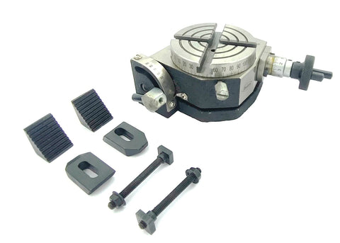 3 Inch Tilting Rotary Table With ER 20 Collet Adapter And M6 Clamp Kit, 80mm Diameter, showing 360 degree scale and accessories