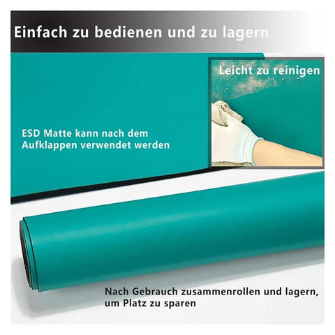 Rolled green anti static silicone work mat, 60x240cm, for electronics repair; shows easy cleaning and storage.