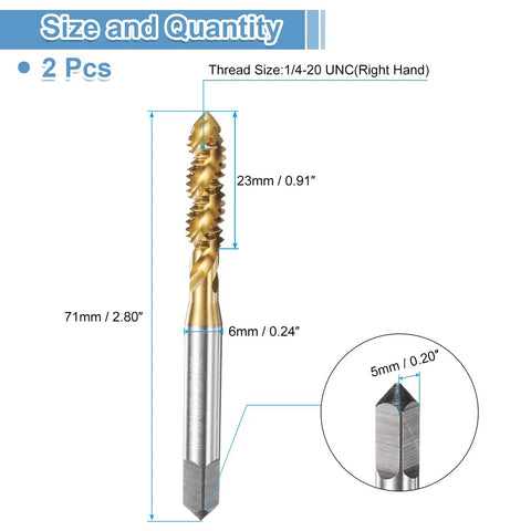 2 Pack Spiral Flute Thread Taps 1 4 20 UNC 2B Machine Threading Tap Bit Titanium Coated Screw Tapping Repair Tool