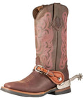 Tooled Edge Spur Straps For Ladies With White Accent Stitching Adjustable Leather Straps With Stainless Steel Buckle on Boot