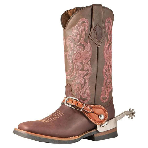 Tooled Edge Spur Straps For Ladies With White Accent Stitching Adjustable Leather Straps With Stainless Steel Buckle on Boot