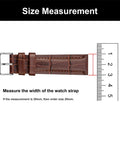 Watch strap size measurement guide with ruler next to brown watch band, showing how to measure for correct watch strap size.